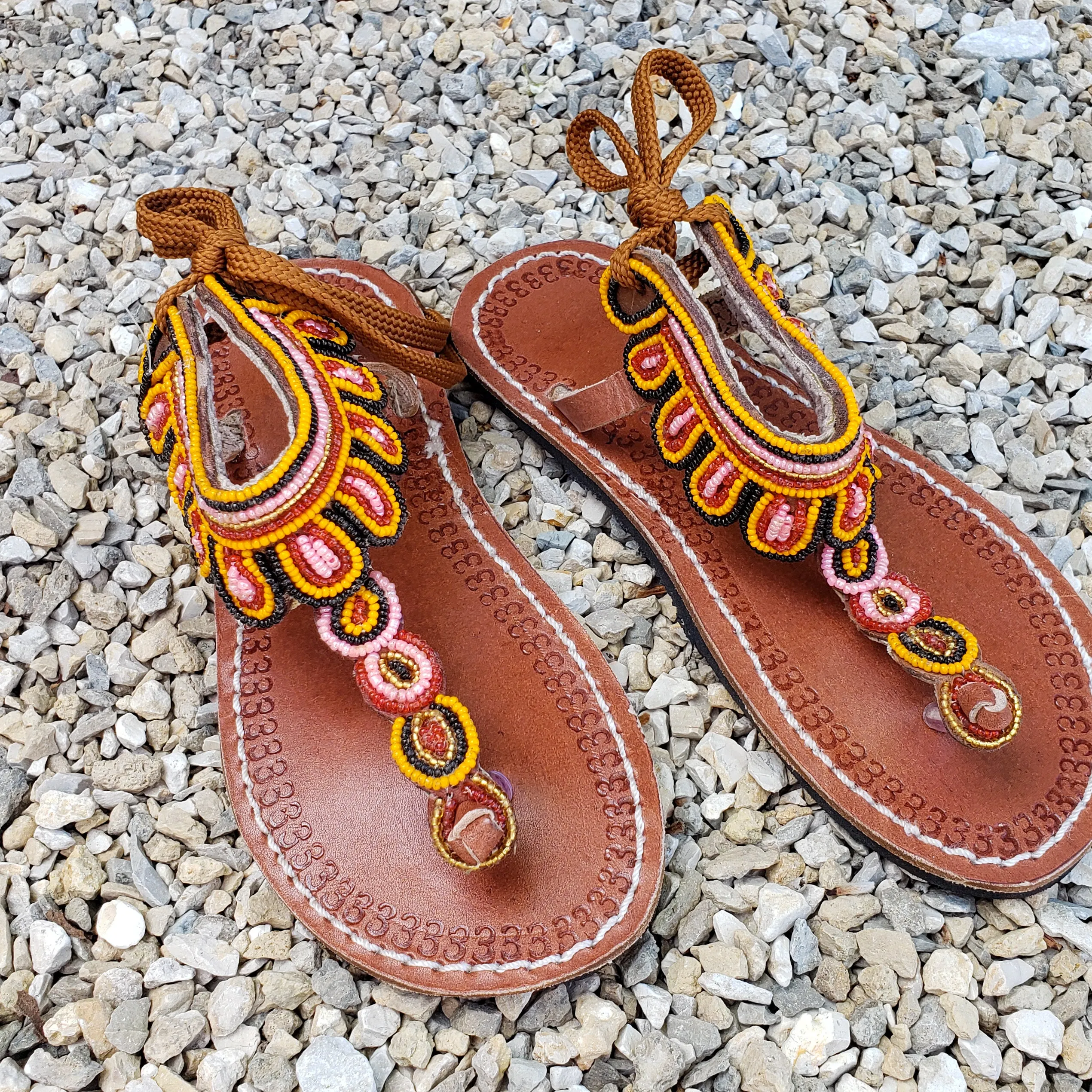 African Beaded Leather Sandals:  EU 36 ( US 5-6 )  Bright, Bold Patterns