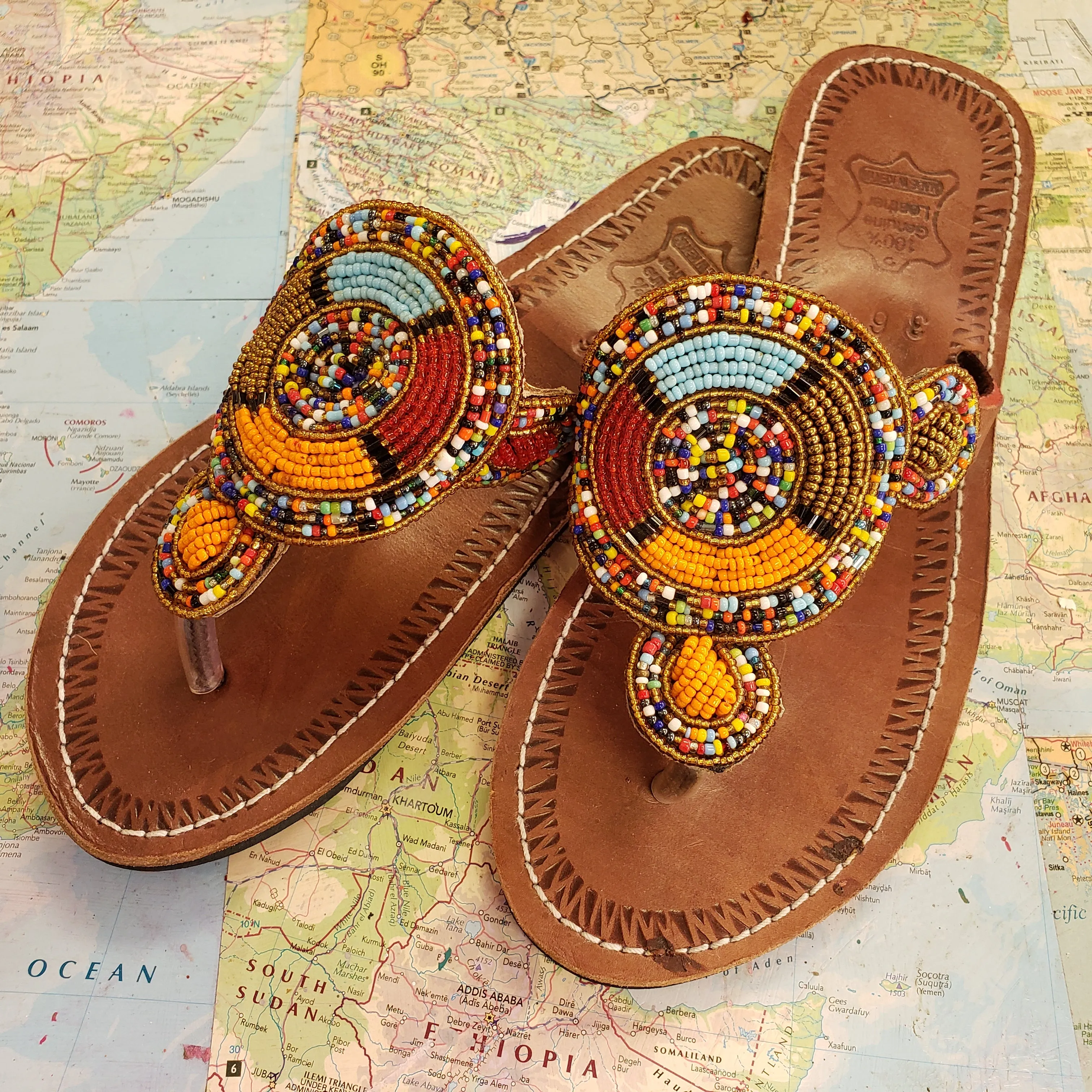African Beaded Leather Sandals:  EU 36 ( US 5-6 )  Bright, Bold Patterns