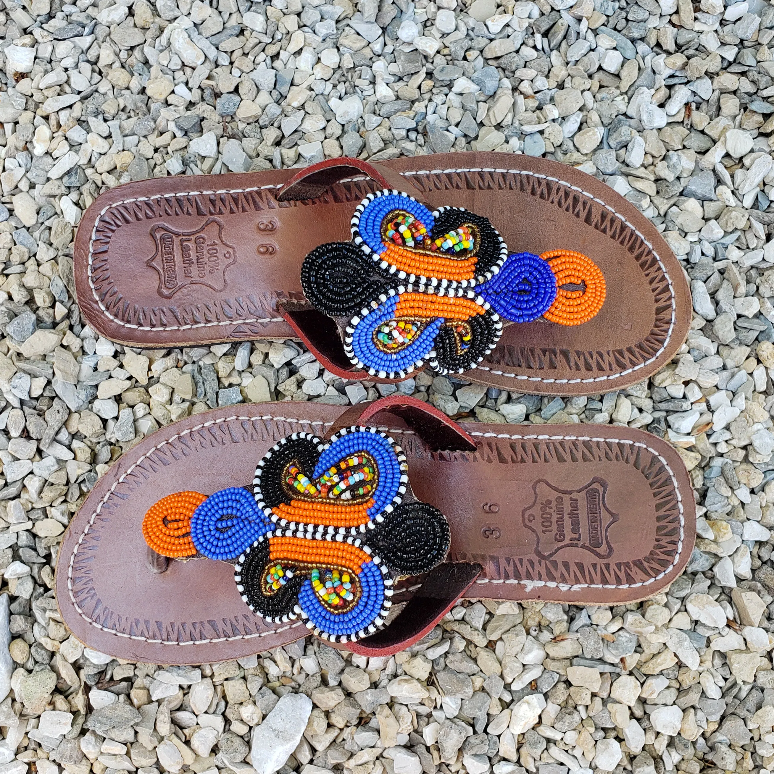 African Beaded Leather Sandals:  EU 36 ( US 5-6 )  Bright, Bold Patterns