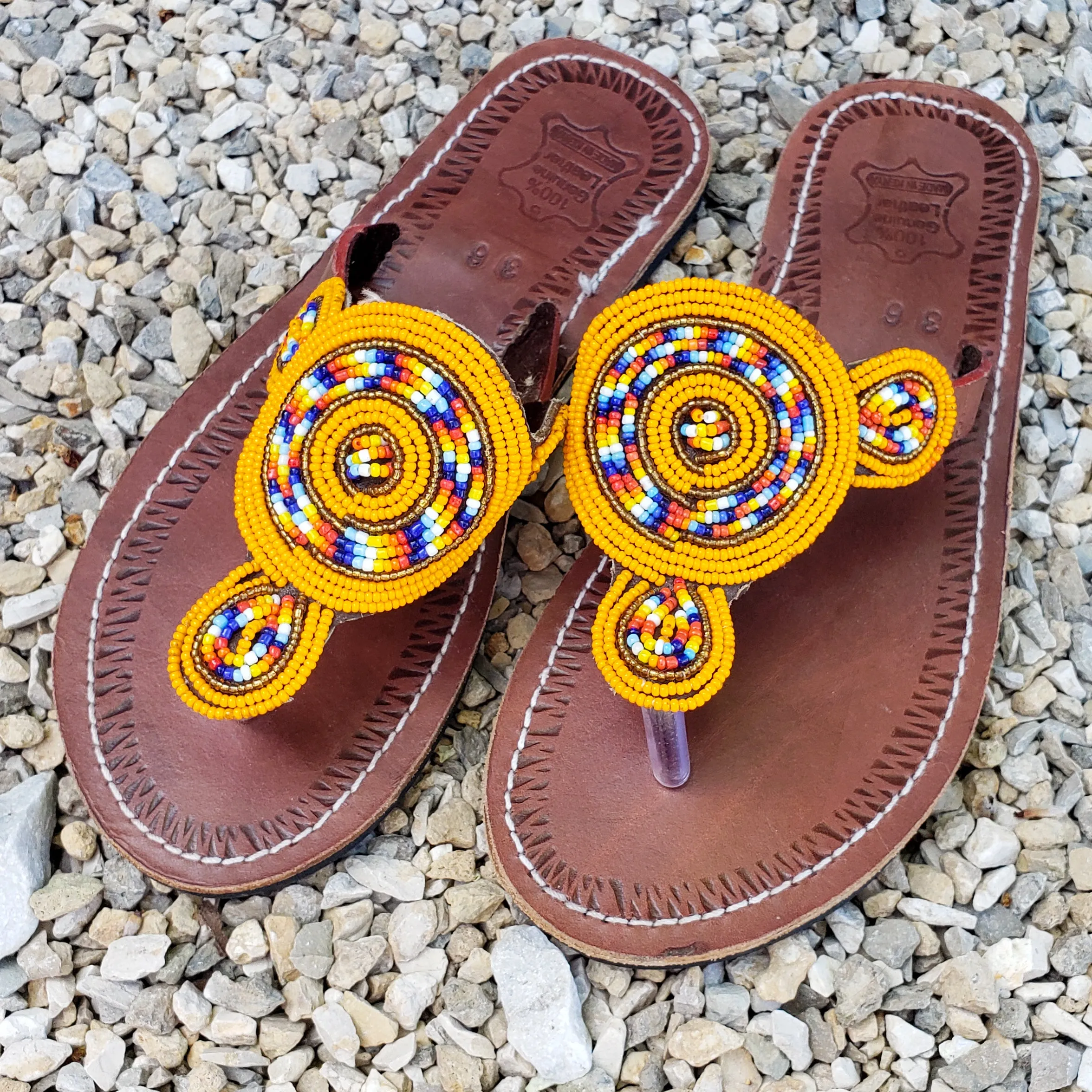 African Beaded Leather Sandals:  EU 36 ( US 5-6 )  Bright, Bold Patterns