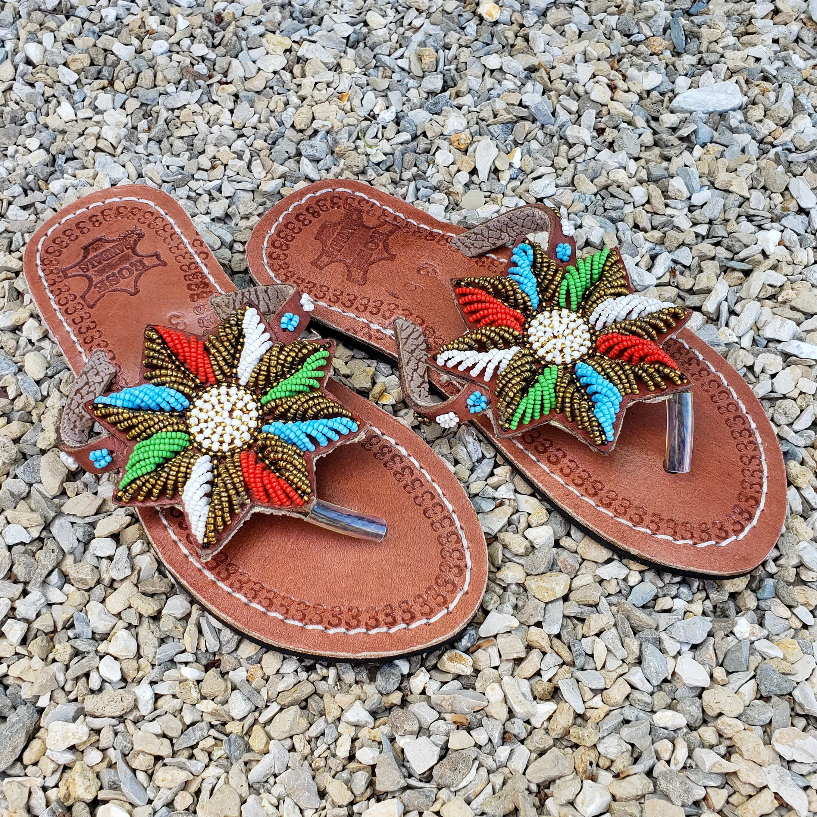 African Beaded Leather Sandals:  EU 36 ( US 5-6 )  Bright, Bold Patterns