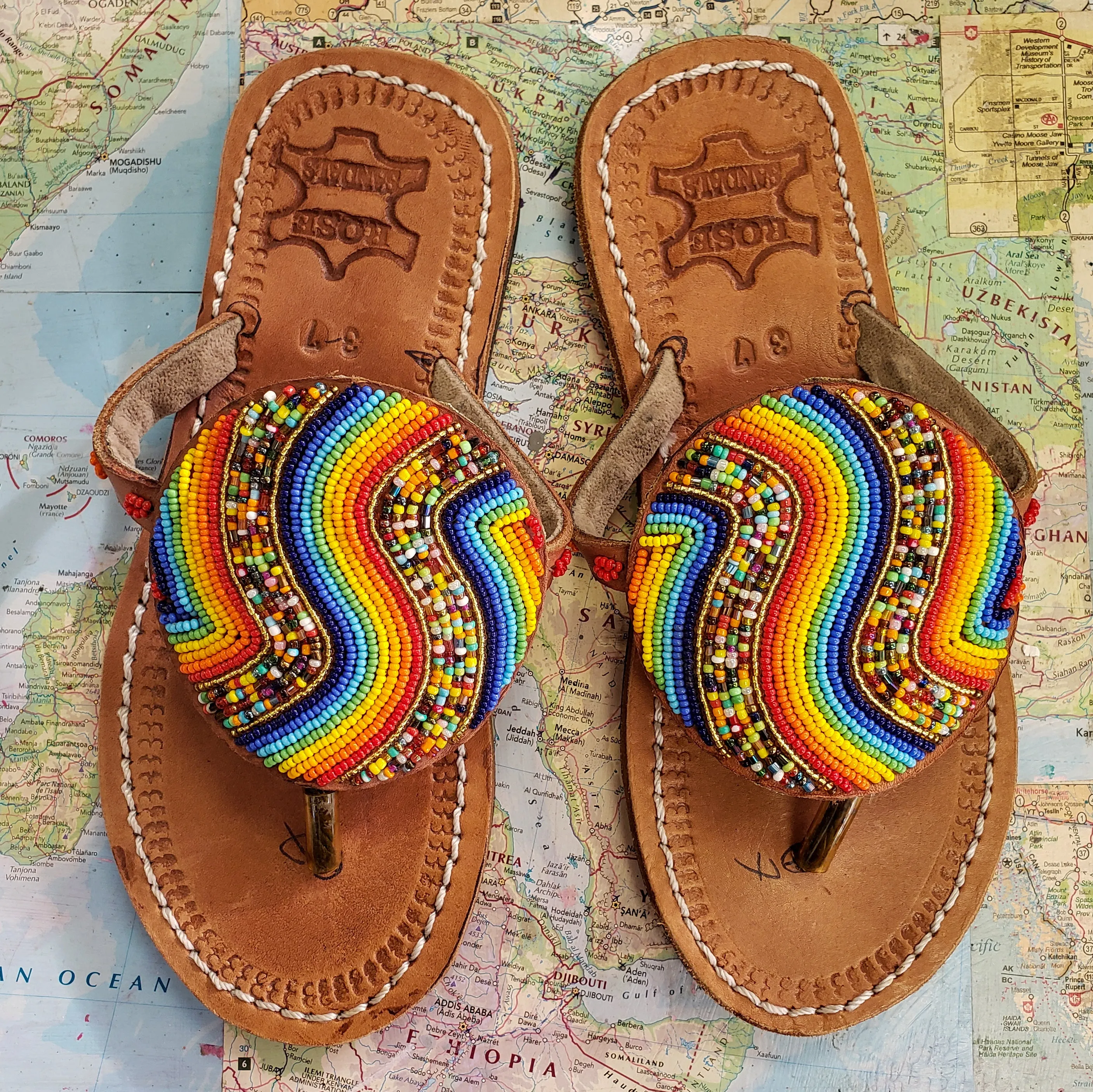 African Beaded Leather Sandals:  EU 37 ( US 6-7 ) Bright, Bold Patterns