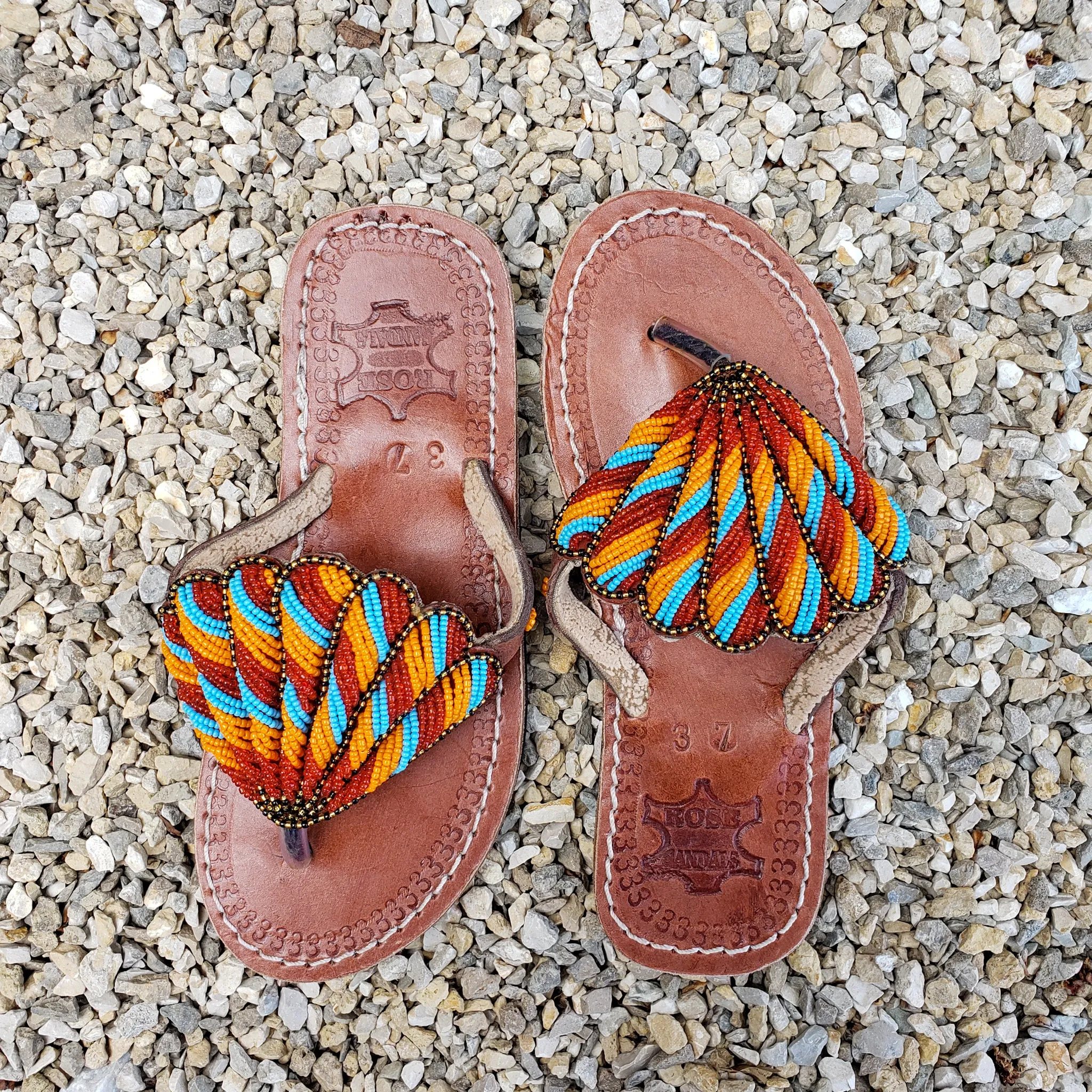 African Beaded Leather Sandals:  EU 37 ( US 6-7 ) Bright, Bold Patterns