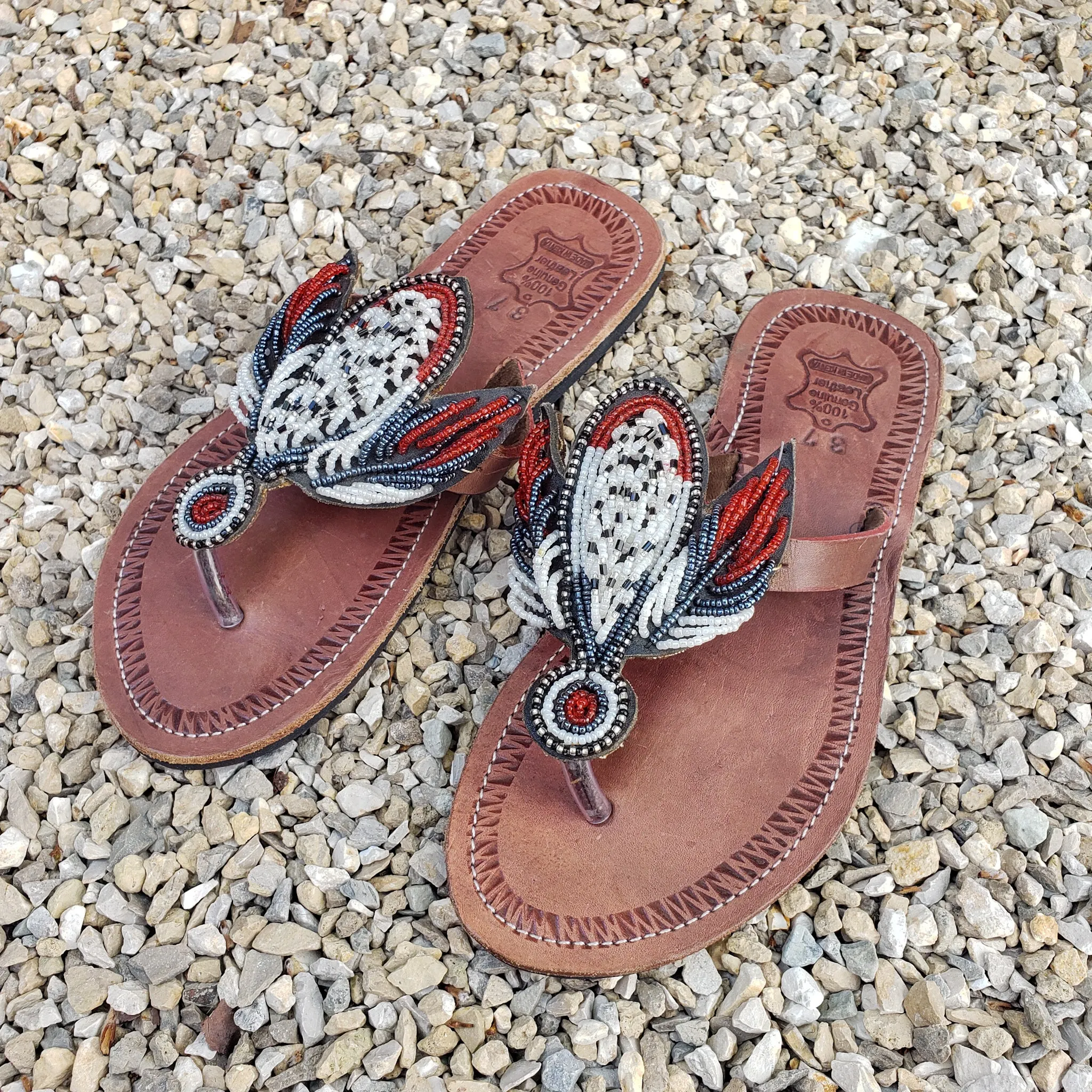 African Beaded Leather Sandals:  EU 37 ( US 6-7 ) Bright, Bold Patterns