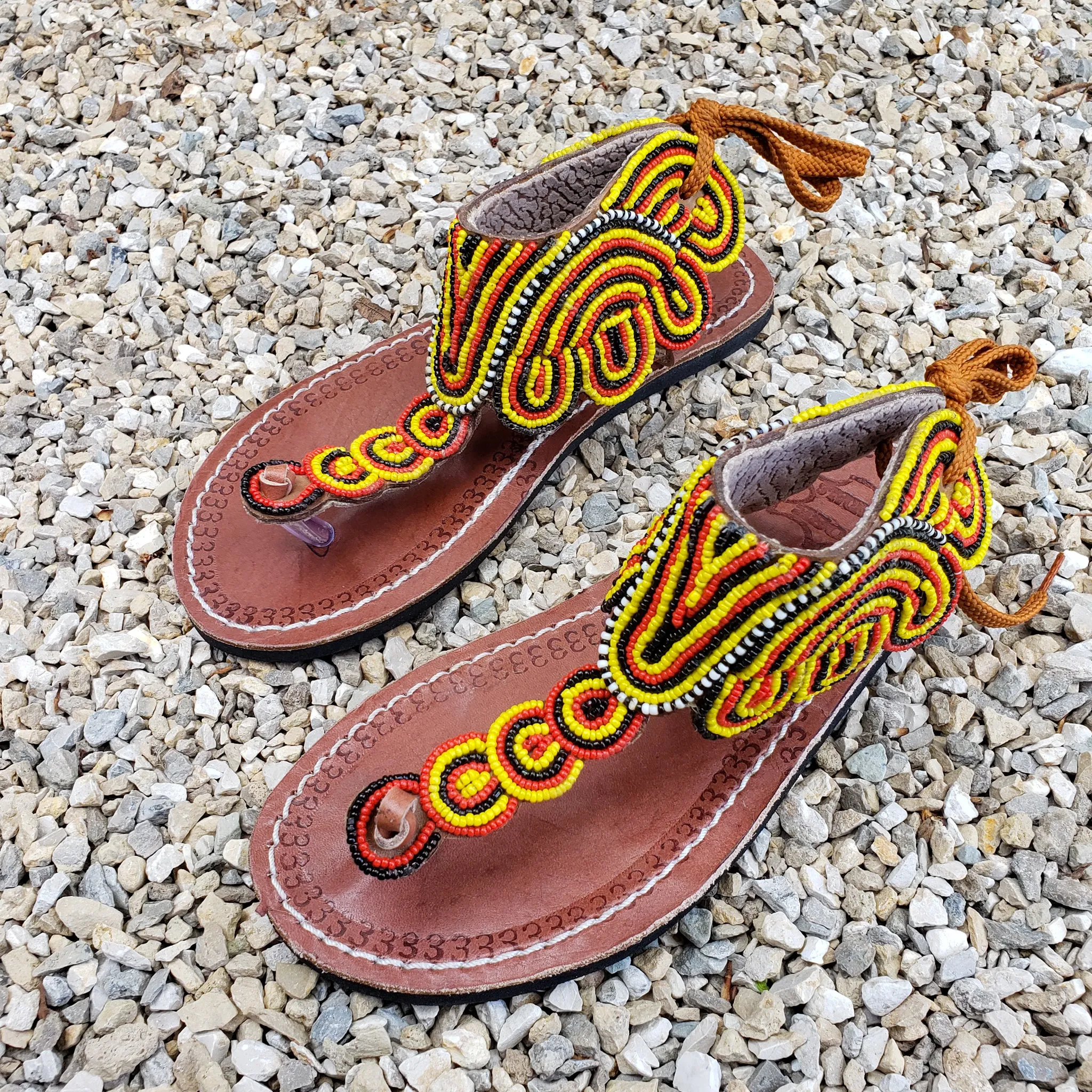 African Beaded Leather Sandals:  EU 37 ( US 6-7 ) Bright, Bold Patterns