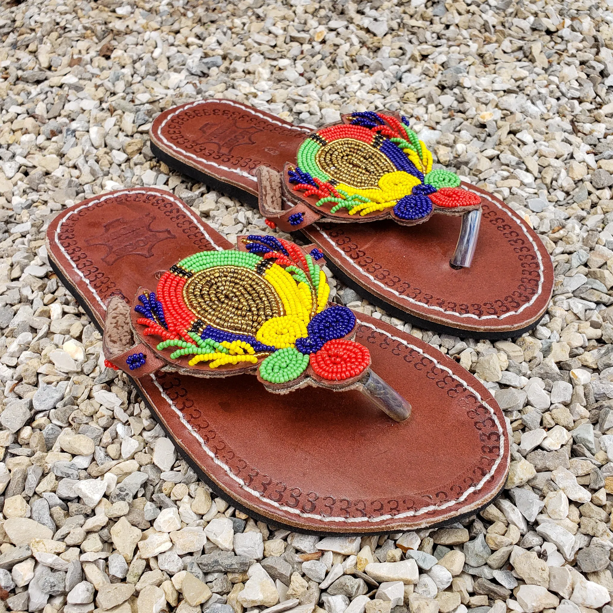 African Beaded Leather Sandals:  EU 37 ( US 6-7 ) Bright, Bold Patterns