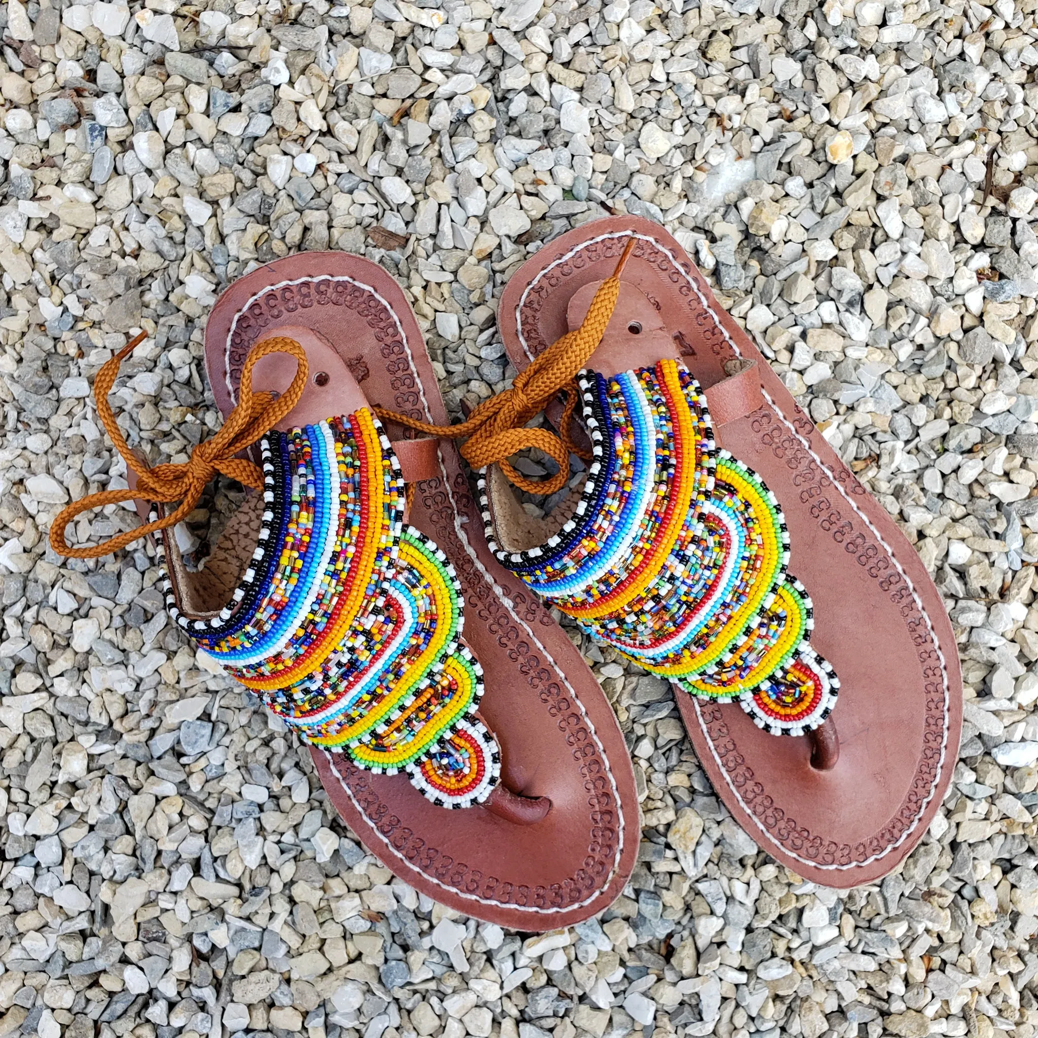 African Beaded Leather Sandals:  EU 37 ( US 6-7 ) Bright, Bold Patterns